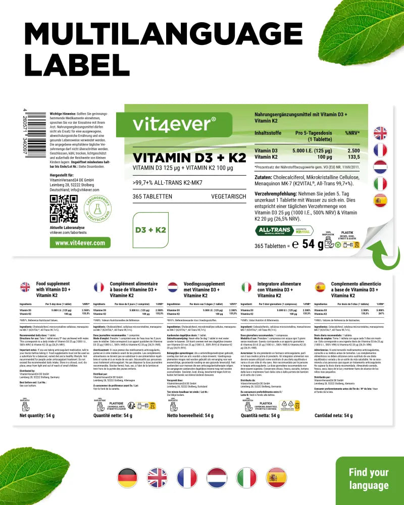 Vitamin D3 5.000 I.E. + Vitamin K2 100 mcg - 180 Tabletten