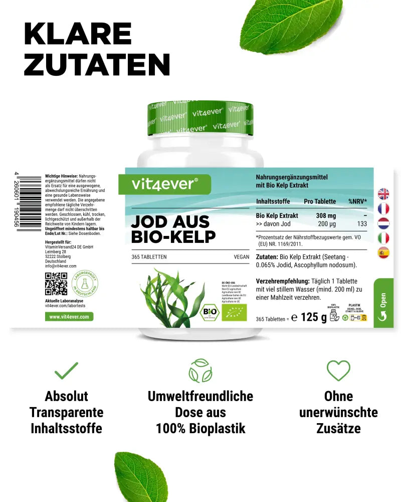 Bio Kelp Extrakt (Natürliches Jod) - 365 Tabletten mit 200 µg Jod