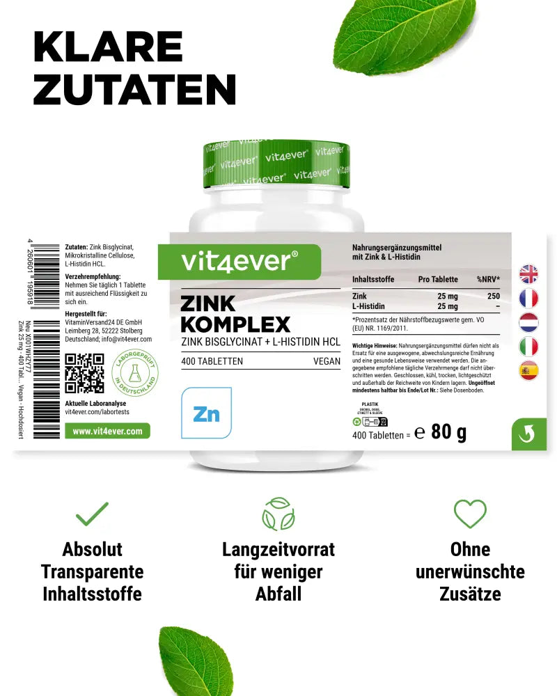 Zink Advanced - 400 Tabletten mit 25 mg - Zinkbisglycinat + L-Histidin